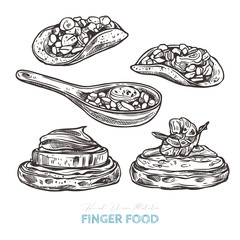 Finger food. Vector sketch hand drawn illustration of potato bites, pancake bites with cream, sauce,  shrimp, cheese and zucchini, appetizer spoons