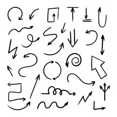 Vector set of doodle arrows on white background. Handmade by brush and pencil. Design elements. 