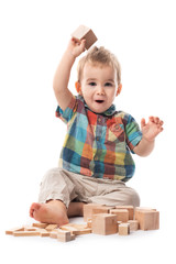 Happy Baby Boy Playing with Toys, Isolated on White Background
