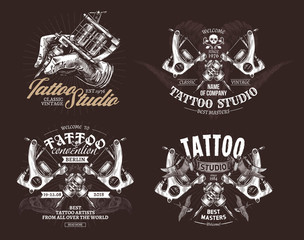Tattoo emblems, badges and labels collection. Set of tattoo shops and salon logo and sign. Vector hand drawn engraving illustrations