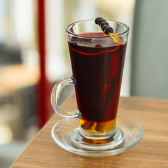 mulled wine, festive drink on the base wine and spices (festive treat, Christmas or New Year, winter) menu concept. food background. copy space. Top view