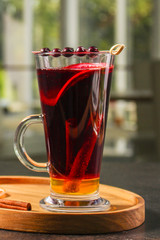 mulled wine, festive drink on the base wine and spices (festive treat, Christmas or New Year, winter) menu concept. food background. copy space. Top view