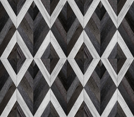 Wood texture for background. Black-white parquet floor with geometric pattern. Panel of planks for wall decoration.