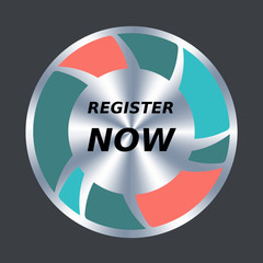 Register now web button. Vector round metallic and color icon. Button to sign up