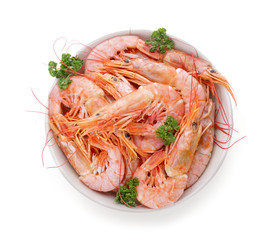 Bowl with tasty shrimps on white background