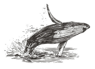 Vector illustration of jumping humpback whale in the ocean. Sketch style © alexrockheart