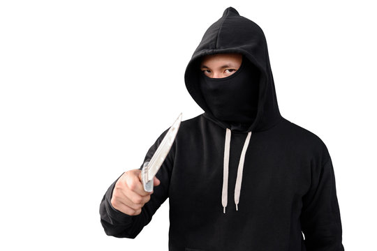thief man with knife isolated on white