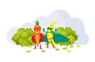 Funny cartoon characters fruits in superhero costumes at masks carrots and banana food emotion. Vegetable character product fun food costume vector illustration isolated