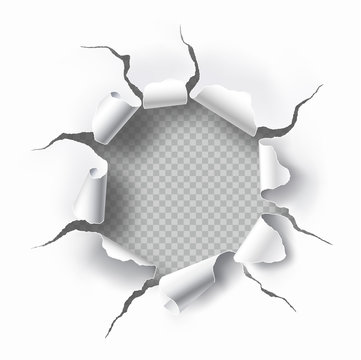 Torn Hole With Transparent Background In The Sheet Of White Paper. Space For Text