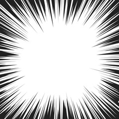 Comic book radial speed lines template. Manga speed frame. Cartoon explosion background. Superhero action. Monochrome vector illustration isolated on white background