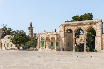 The south gate and Bab el Atim near the Dome of the Rock building on the territory of the interior...