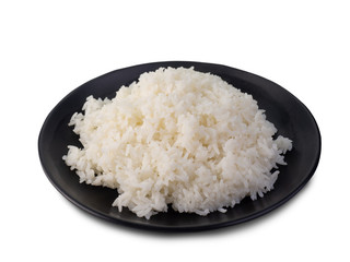 Rice in black plate on white background. (clipping path)
