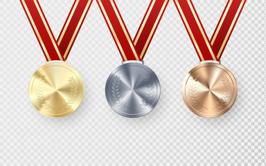 Golden Silver and Bronze medals with laurel hanging on red ribbon. Award symbol of victory and success. Vector illustration isolated on transparent background