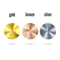 Golden Silver and Bronze radial gradient set. Realistic metallic foil. Collection of shiny bronze silvery and gold pattern. Vector illustration