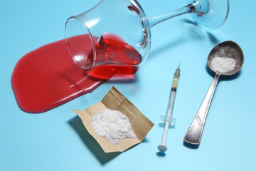 cocaine in paper and equipment on color background with a blank space for a text, Background from...