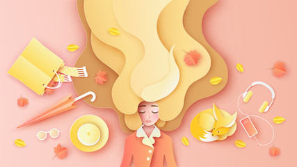 Beautiful girl, long hair relaxing on colorful leaves on floor with her orange color accessories set in Autumn. Graphic design for Autumn. paper cut and craft style. vector, illustration.