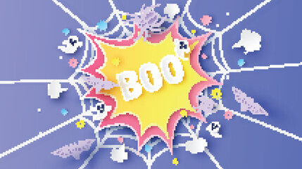 Design comic speech bubble decorated with cobweb, firework, spider, bat, ghost spirit and calligraphy of BOO. paper cut and craft style. vector, illustration.