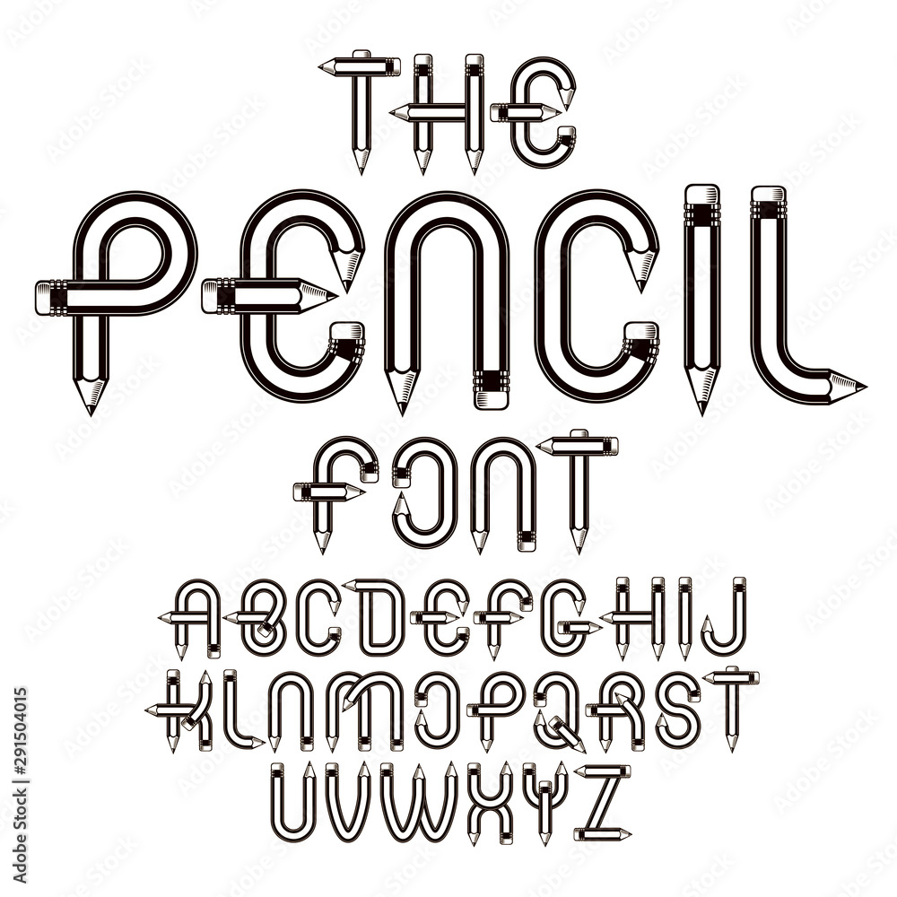 Poster vector script, modern alphabet letters set constructed with sharp pencils, office tools design. can 