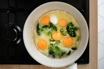 fried eggs with broccoli in a pan
