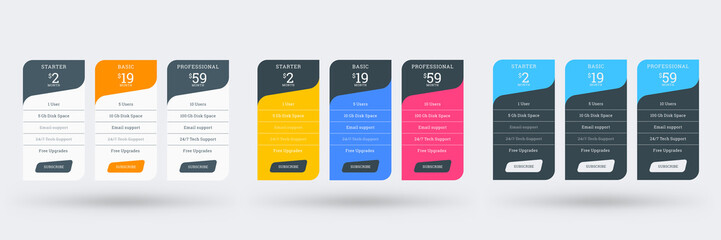 Pricing table design template for websites and applications. Set of three different color variations. Vector pricing plans. Flat style vector illustration