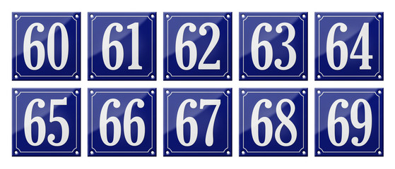 Set of traditional blue enamel signs - Numbers 60- 69