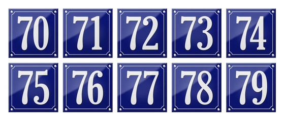 Set of traditional blue enamel signs - Numbers 70- 79