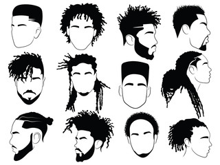 Set of afro hairstyles for men. Collection of dreads and afro braids for men. Black and white illustration for a hairdrymaker. - obrazy, fototapety, plakaty