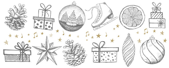 Christmas and New Year set. Hand drawn illustration.