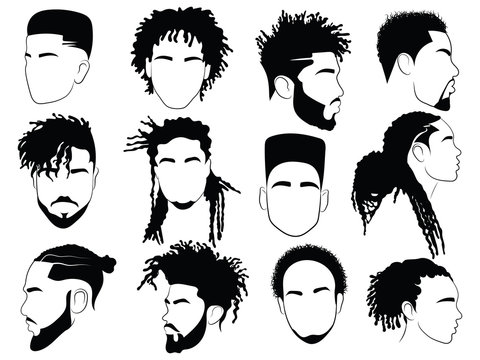 Set of afro hairstyles for men. Collection of dreads and afro braids for men. Black and white illustration for a hairdrymaker.