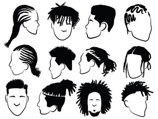 Set of afro hairstyles for men. Collection of dreads and afro braids for men. Black and white illustration for a hairdrymaker. - obrazy, fototapety, plakaty
