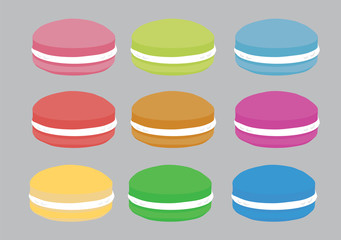 A set of nine macaron in different colors. Vector illustration.