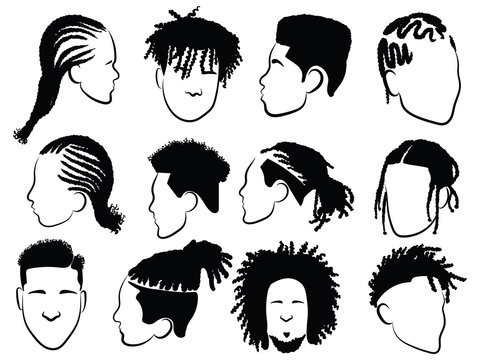 Set of afro hairstyles for men. Collection of dreads and afro braids for men. Black and white illustration for a hairdrymaker.