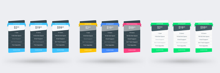 Pricing table design template for websites and applications. Set of three different color variations. Vector pricing plans. Flat style vector illustration