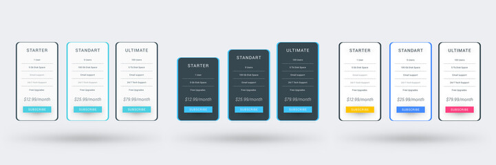 Pricing table design template for websites and applications. Set of three different color variations. Vector pricing plans. Flat style vector illustration