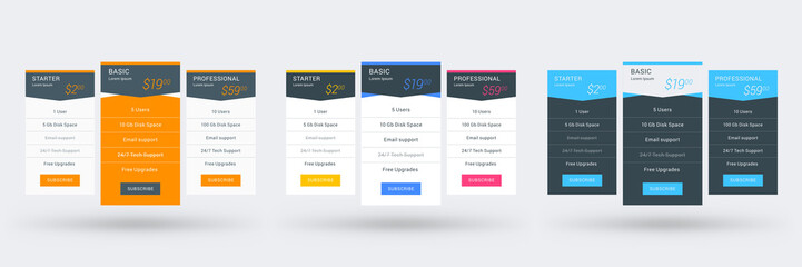 Pricing table design template for websites and applications. Set of three different color variations. Vector pricing plans. Flat style vector illustration