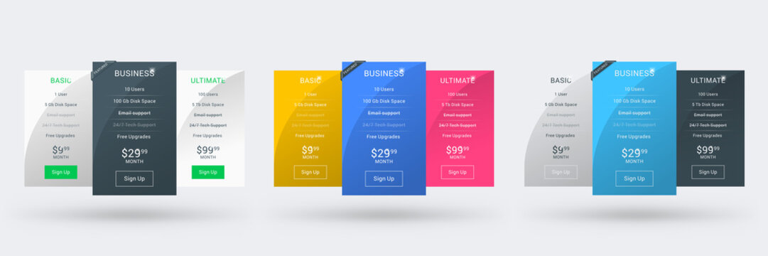 Pricing Table Design Template For Websites And Applications. Set Of Three Different Color Variations. Vector Pricing Plans. Flat Style Vector Illustration