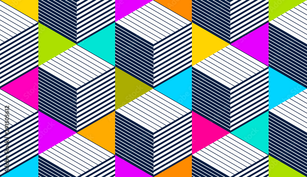 Poster 3d cubes seamless pattern vector background, lined dimensional blocks, architecture and construction
