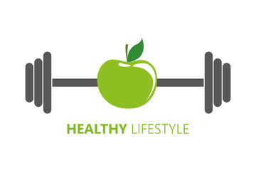 healthy lifestyle symbol with green apple and barbell vector illustration EPS10