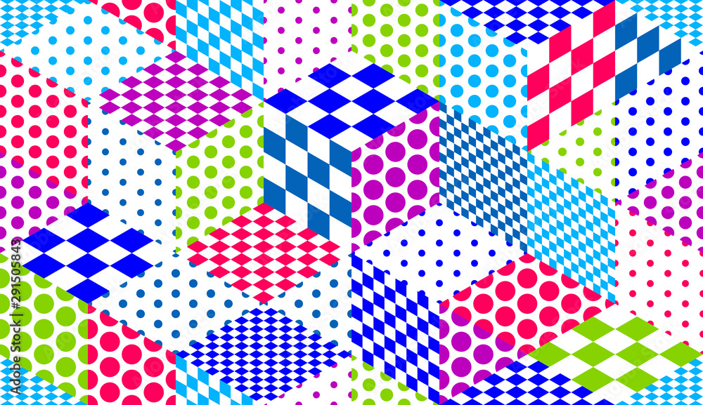Poster seamless isometric rhombus and triangles geometric pattern, 3d cubes vector tiling background, archi