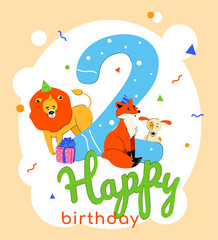 Children 2nd birthday greeting card vector template