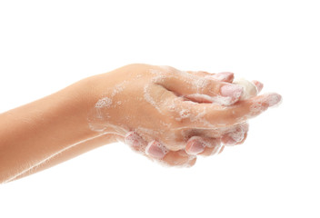 Fototapeta premium Female hands with soap foam on white background