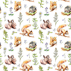 Forest animals - rabbits, fox, squirrel, hedgehog in grass and flowers. Seamless pattern. Watercolor