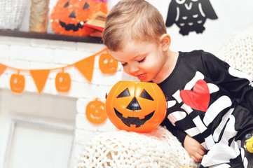 A little boy in a skeleton costume sits and looks into a pumpkin in a bucket for candies on a background of Halloween decorations.