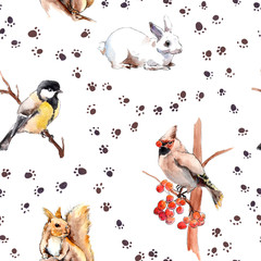 Wild animal, birds. Winter pattern with foot print. Forest animals: rabbit, squirrel, tit bird. Repeated watercolour sketch