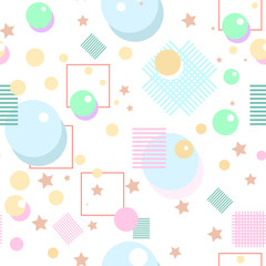 Vector seamless abstract geometric pattern. Balls with shadows, squares, stripes and stars on soft pink background. 