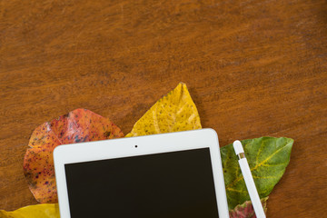 Tablet with black blank screen with pencil. flat lay. Top view with copy space. Wooden background with autumn leaves. workspace.