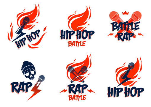 Rap music vector logos or emblems set with microphone in hand flames and lightning bolt, hot Hip Hop rhymes festival concert or night club party labels, t-shirt prints.