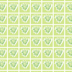 Vector seamless geometric pattern. Green apple with leaves in heart, green background.