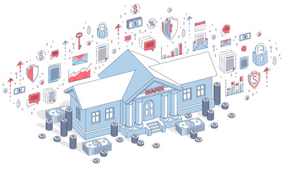 Banking theme cartoon, bank building with dollars and coin stack isolated over white background. 3d vector business isometric illustration with icons, stats charts and design elements.