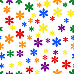 Vector seamless geometric floral pattern. Rainbow colored flowers on white background.